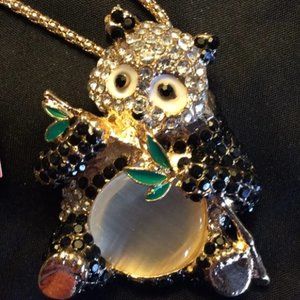 Rare Betsey Johnson Rhinestone Panda Bear Eating his Bamboo Pendant Necklace****